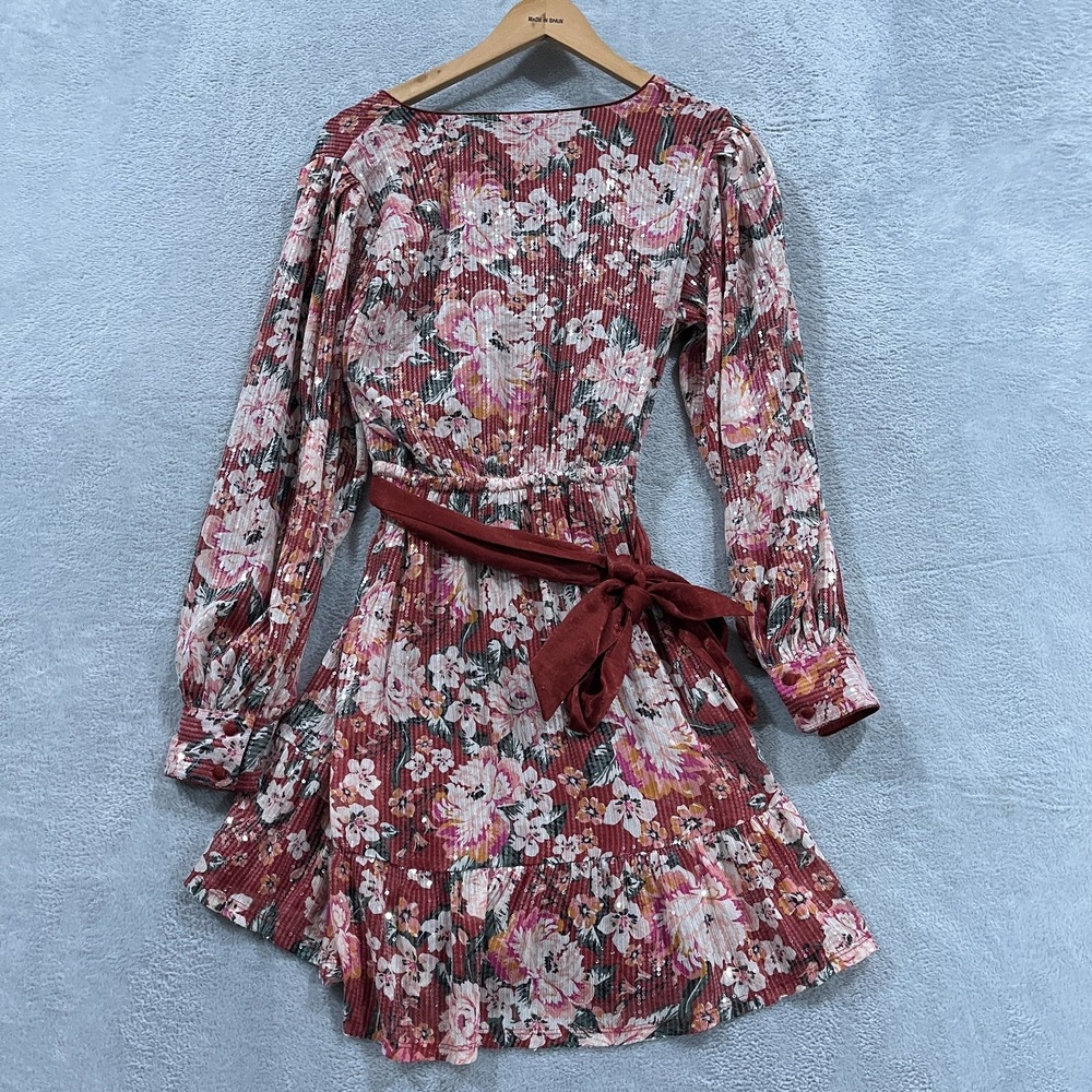 LC Lauren Conrad Womens Small Floral Sequin Belted Wrap‎ Mini Dress Fairy Boho - Picture 2 of 9